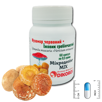 Мікродозінг MIX Мухомору червоного (Amanita muscaria) та Їжовика гребінчастого (Hericium erinaceus) 60 капсул по 0,5 грама МІХ-6005 — Dikoros