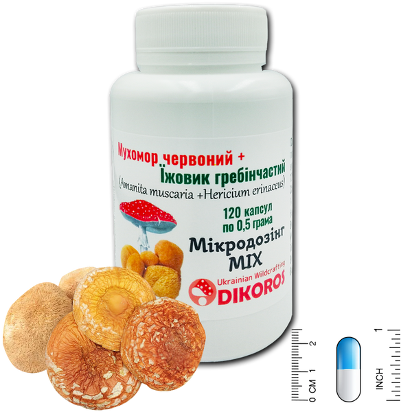 Мікродозінг MIX Мухомору червоного (Amanita muscaria) та Їжовика гребінчастого (Hericium erinaceus) 120 капсул по 0,5 грама МІХ-1205 — Dikoros