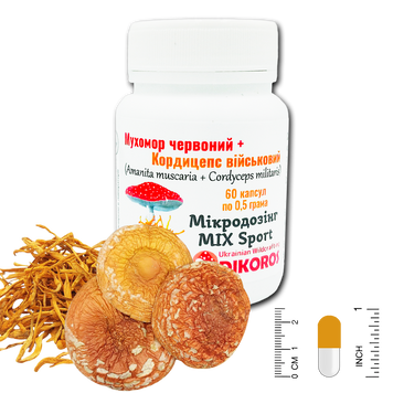 Мікродозінг MIX Sport Мухомор червоний (Amanita muscaria) та Кордицепс військовий (Cordyceps militaris) 60 капсул по 0,5 грама МХМС-6005 — Dikoros