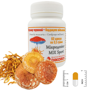 Мікродозінг MIX Sport Мухомор червоний (Amanita muscaria) та Кордицепс військовий (Cordyceps militaris) 60 капсул по 0,5 грама МХМС-6005 — Dikoros