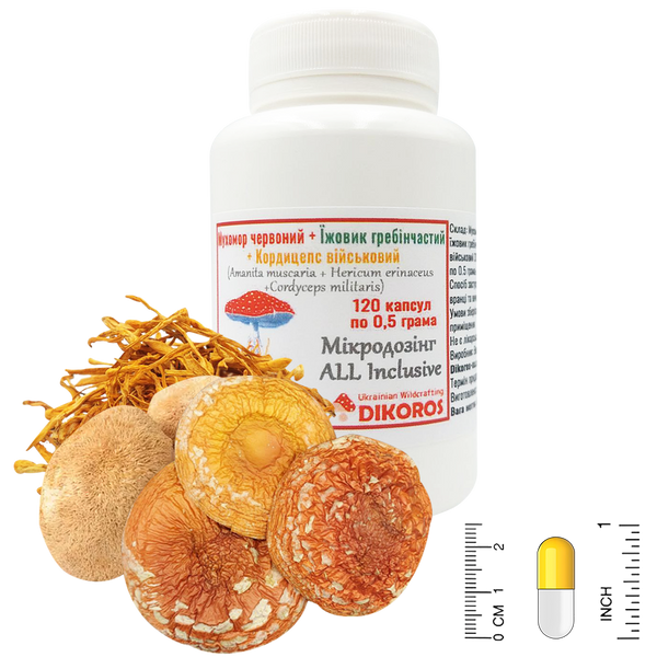 Microdosing ALL Inclusive Red toadstool + Comb hedgehog + Cordyceps military 120 capsules of 0.5 g